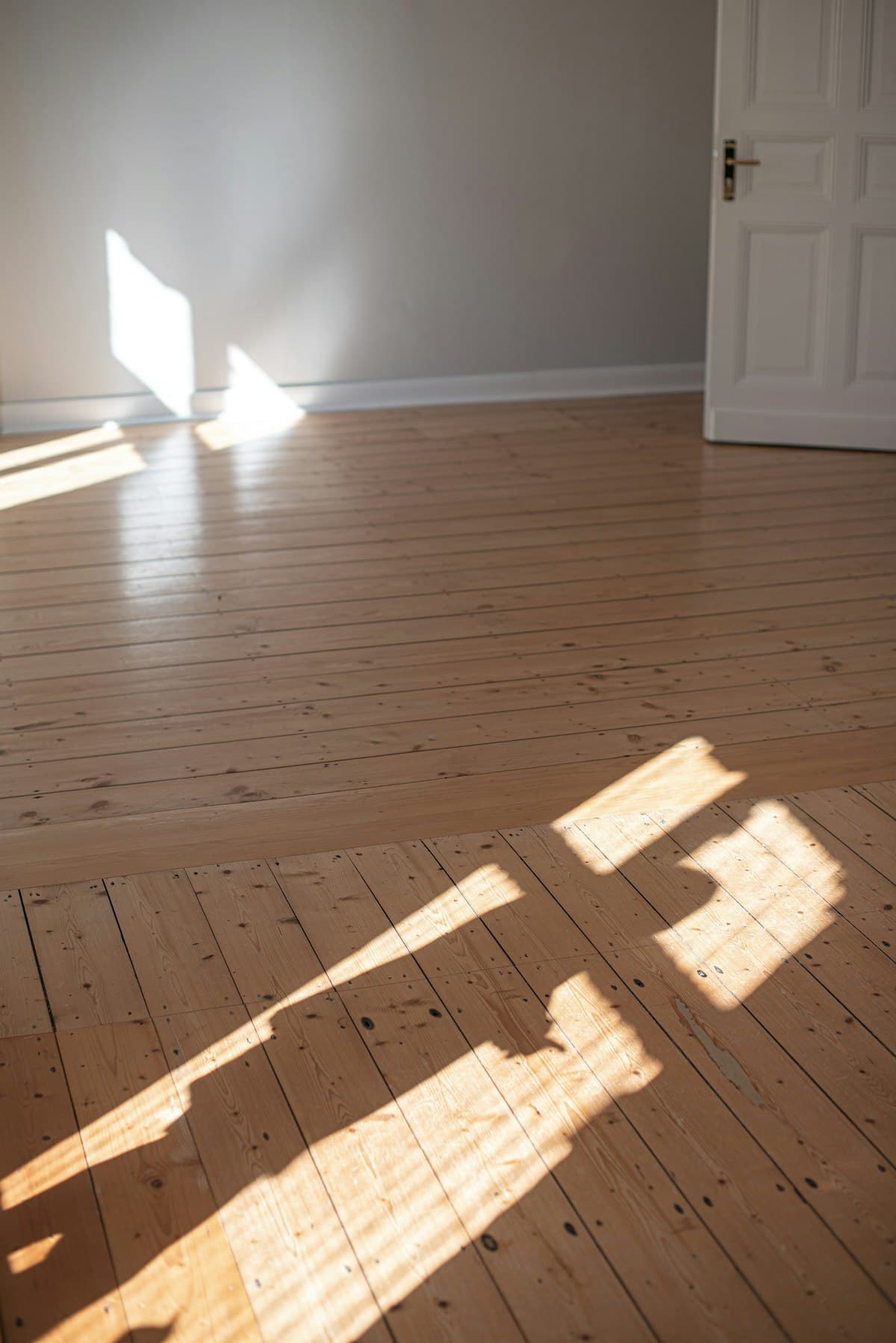 Restored wooden floorboards meeting a painted period door
